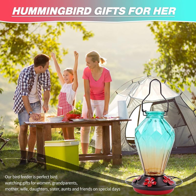 MCHBF Glass Hummingbird Feeder for Outdoors Hanging, 25Oz Humming Bird Nectar Feeder, Perch, 5 Flower Feeding Ports, Leak Proof Base, Hook for Outside Garden Backyard, Gift for Women, Diamond Green - Image 2